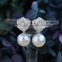 Leaf sea water Pearl cold light white mosaic diamond earring pendant chao has temperament