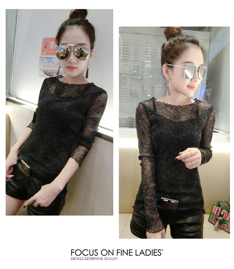 Phiên bản hàn quốc mùa thu 2018 mới lưới tằm sáng màu dài tay áo thun nữ cộng với áo nhung dày thời trang hoang dã áo nhỏ áo phông nữ rộng