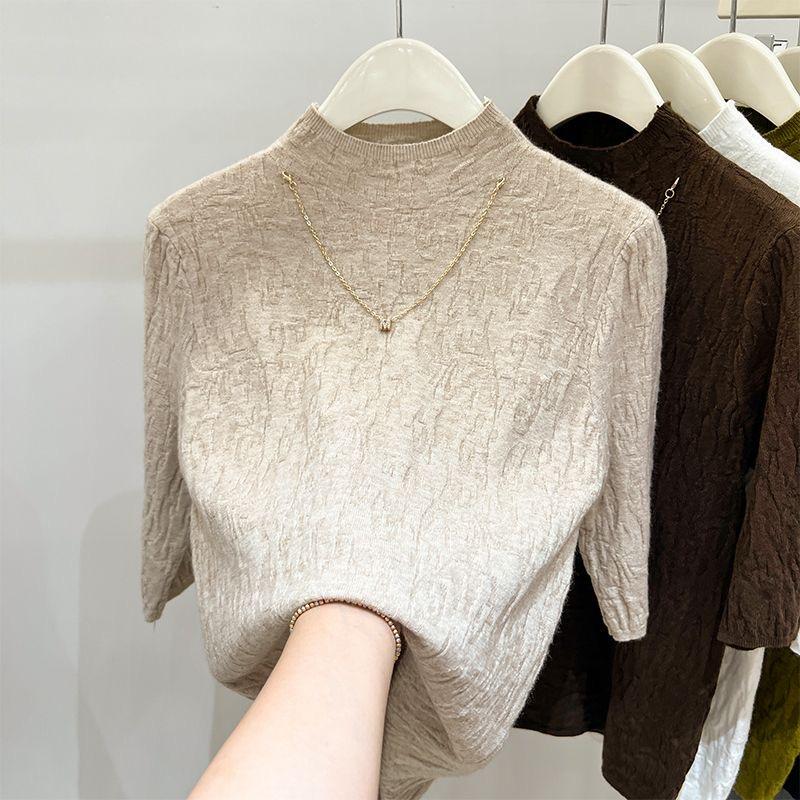 Spring and Autumn Thin Half-Turtleneck Knitted Base Shirt for Women 2026 New Style Five-Quarter Sleeve Stylish Mid-Sleeve Inner Layer Top Spring and Autumn Thin Half-Turtleneck Knitted Base Shirt for Women 2026 New Style Five-Quarter Sleeve Stylish Mid-Sleeve Inner Layer Top
