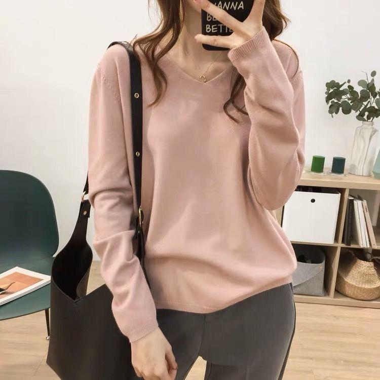 V-Neck Knitwear for Women, Early Autumn and Winter New Style, Large Size, Loose, Slimming, Outerwear, Solid Color, Inner Layer, Base Shirt, Sweater
