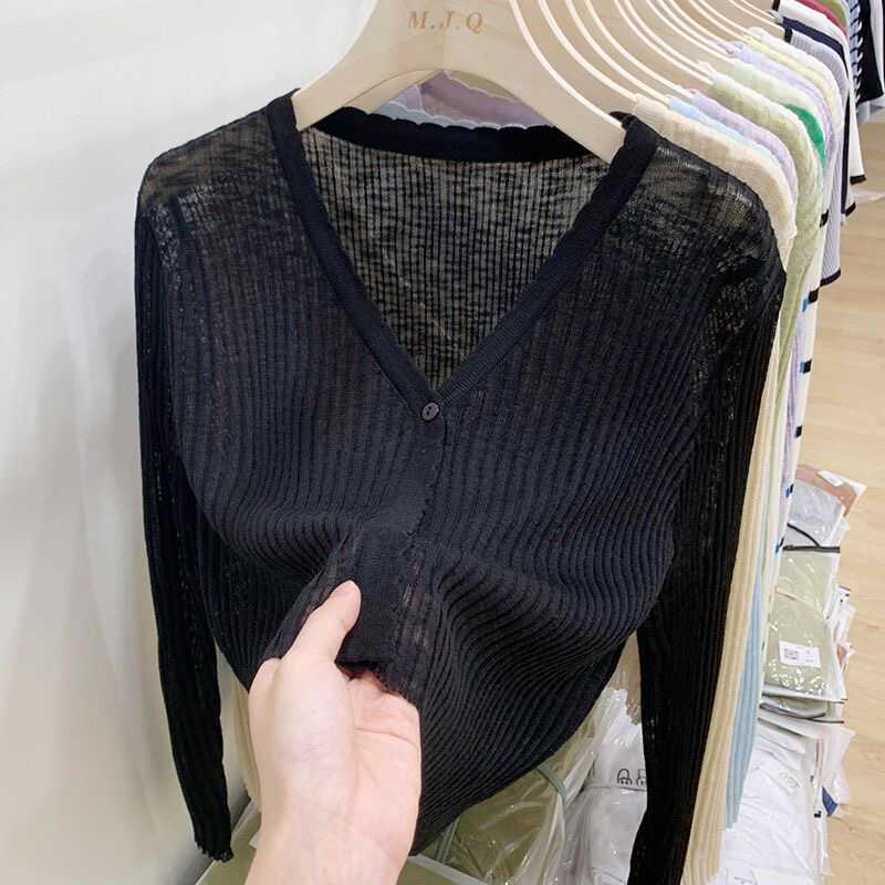 Summer Knitted Sun Protection Cardigan Top for Women, Summer Thin Ice Silk Cardigan, Long-Sleeved Black Outerwear, Short Air-Conditioning Shirt