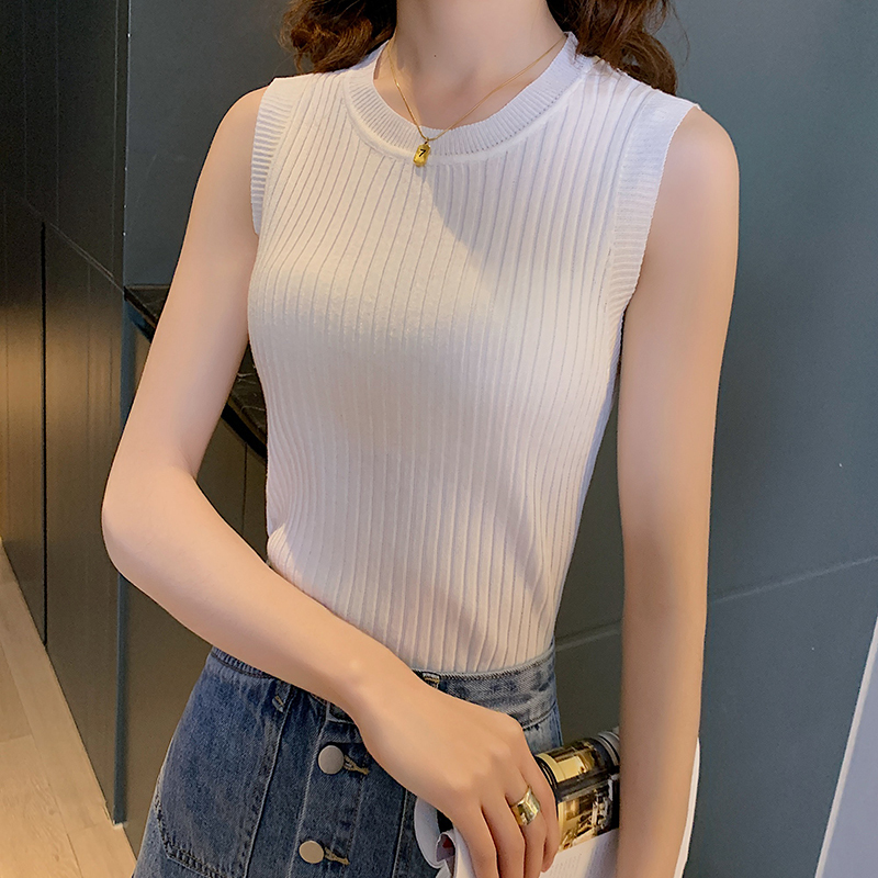 Summer New Style Round Neck Vest for Women with Wide Shoulder Straps, Versatile Ice Silk Thin Style, Sleeveless Knitted Solid Color Outerwear Top Summer New Style Round Neck Vest for Women with Wide Shoulder Straps, Versatile Ice Silk Thin Style, Sleeveless Knitted Solid Color Outerwear Top