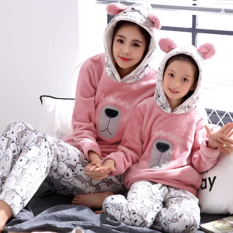 Mùa thu và mùa đông đồ ngủ cha mẹ trẻ em san hô nhung mẹ đồ ngủ phim hoạt hình cô gái trẻ em trẻ em lớn flannel nhà dịch vụ phù hợp kiểu đồ bộ đẹp