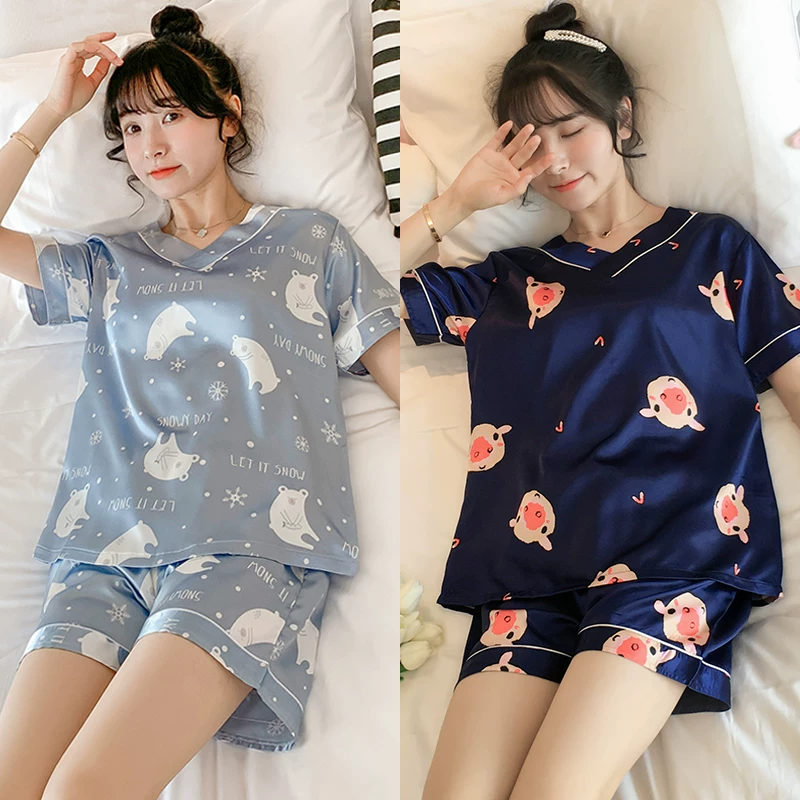 Silk summer thin pijama, set, with short sleeve