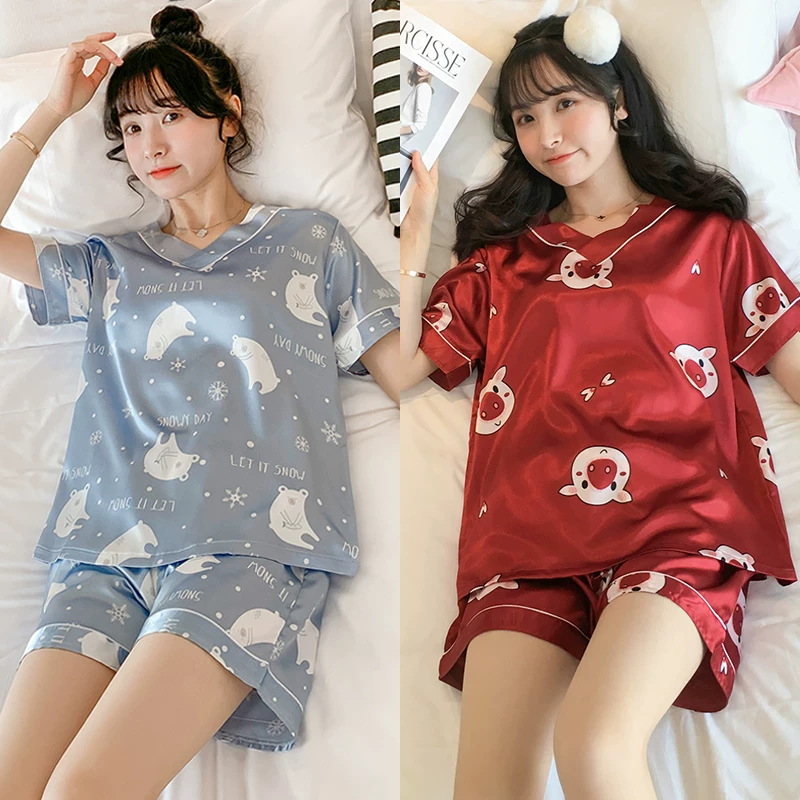 Silk summer thin pijama, set, with short sleeve