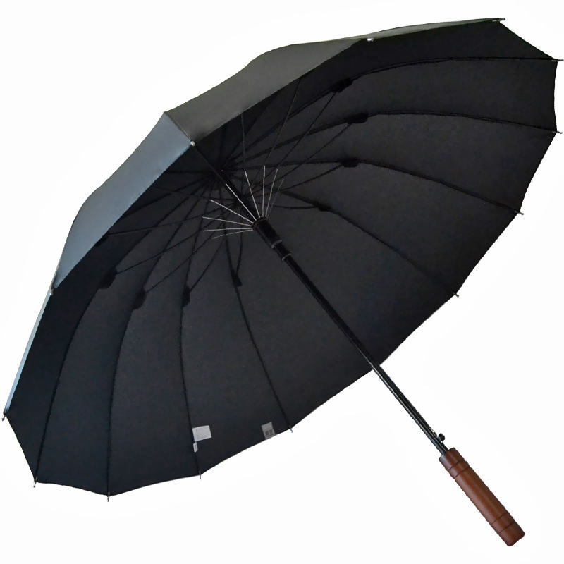 Straight long - handled umbrella pure black 14 bone reinforced super wind - resistant large umbrella men business minimal semi - automatic umbrella