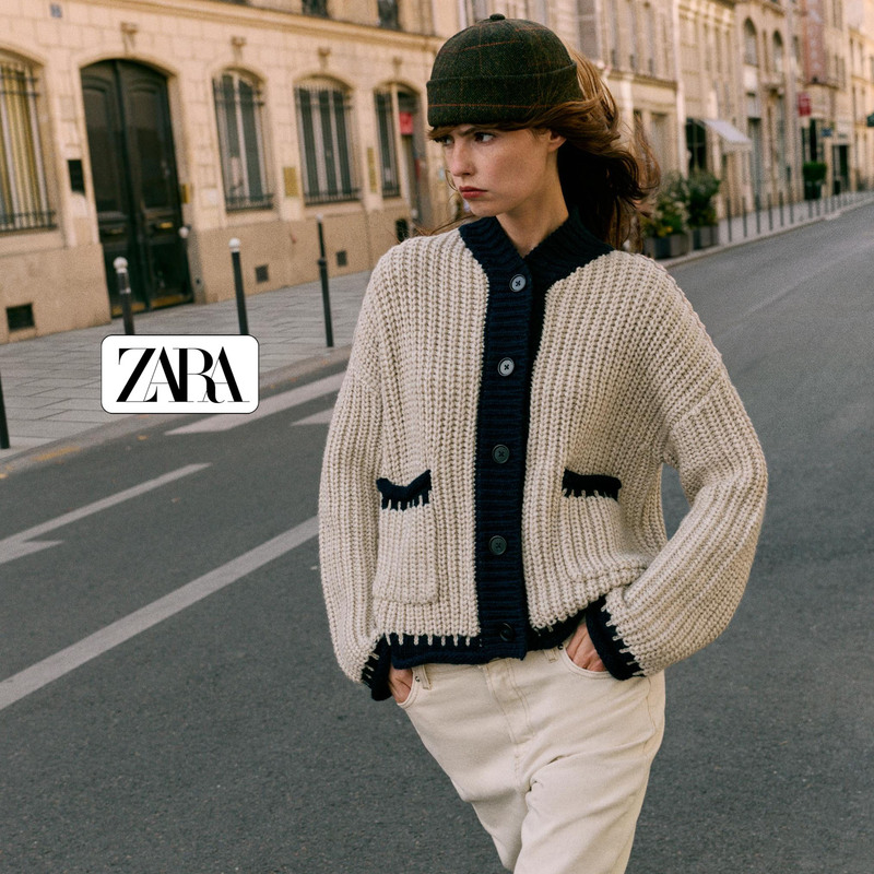 Direct Shipping Zara Women's Knitwear Color-Blocked Stand Collar Drop Shoulder Long Sleeve Loose Cardigan Sweater Coat