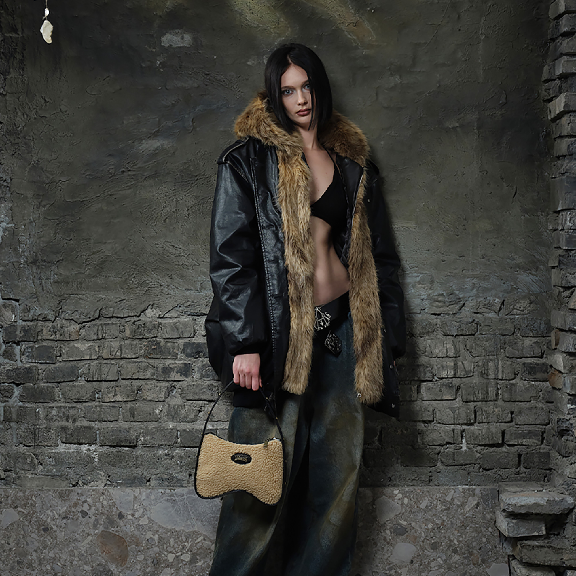 24ans gross wool splicing washed leather jacket Maillard wearing a lap retro gush jacket woman-Taobao