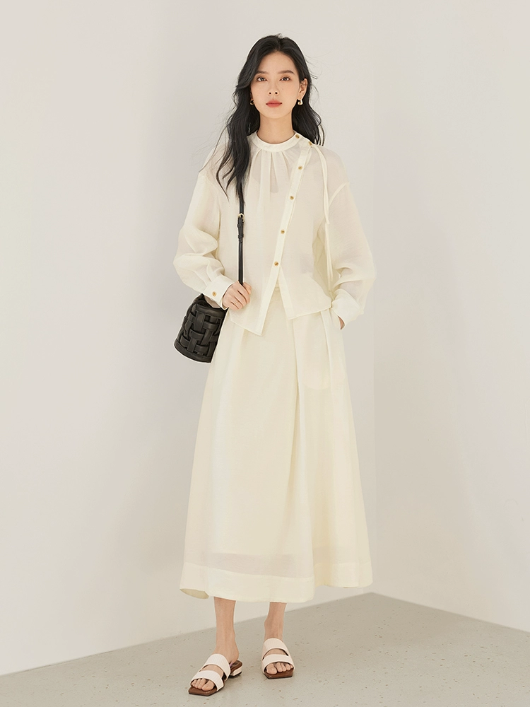 对白国风设计感连衣裙套装女2025春新款衬衫半身裙今年流行两件套
