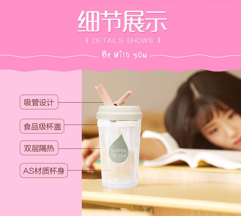Vmini thực phẩm lớp nhựa cốc cô gái dễ thương trái tim sippy cốc lưới màu đỏ in gió với nắp cốc trà sinh viên - Tách bình đựng nước
