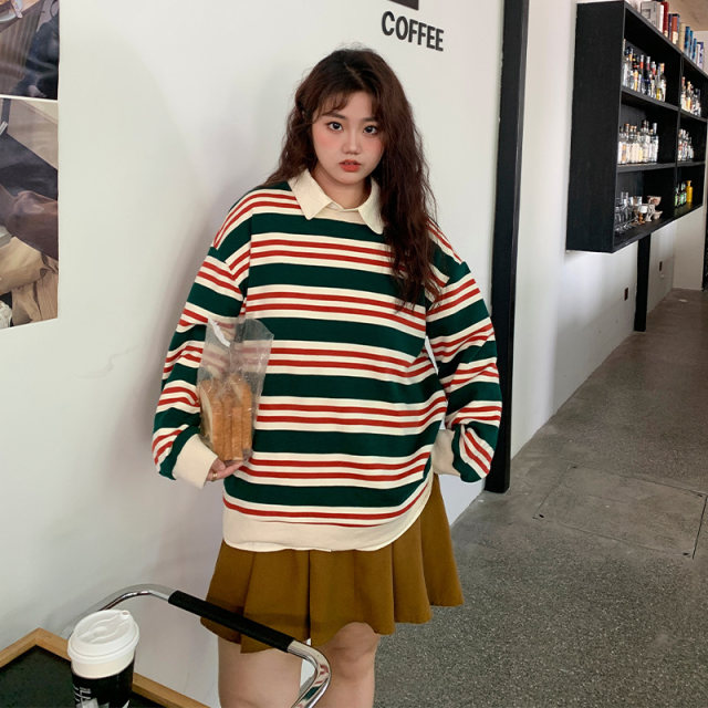 YUZI fish roe top sweatshirt plus size women's ດູໃບໄມ້ລົ່ນແລະລະດູຫນາວເລັກນ້ອຍ fat mm slimming cover 200 pounds striped retro college