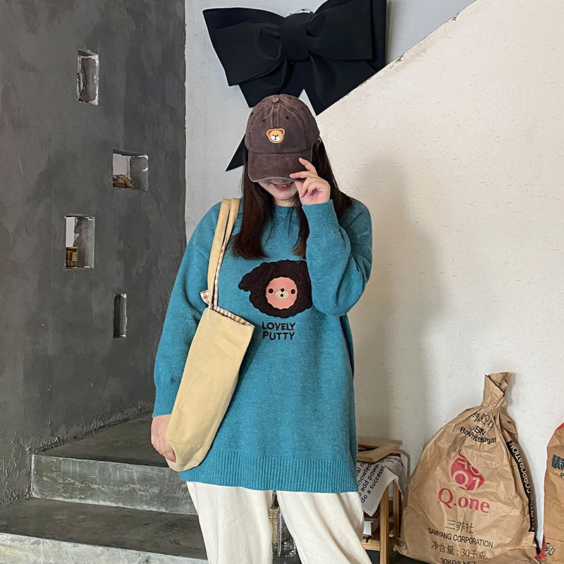 YUZI Caviar's Spring and Autumn New Large Size Round Neck Pullover Baby Bear Sweater Fat mm Loose and Thin Ladies Top