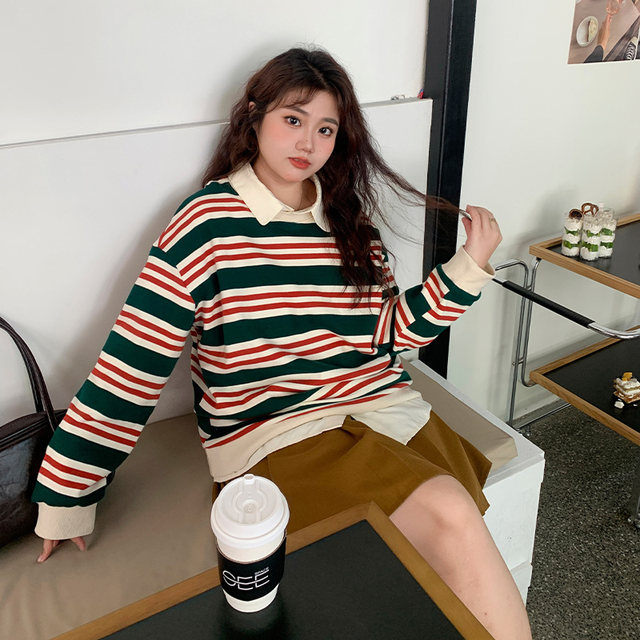 YUZI fish roe top sweatshirt plus size women's ດູໃບໄມ້ລົ່ນແລະລະດູຫນາວເລັກນ້ອຍ fat mm slimming cover 200 pounds striped retro college