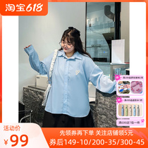 YUZI fish family spring new big code shirt blue long section fat mm loving embroidered with slim fit women