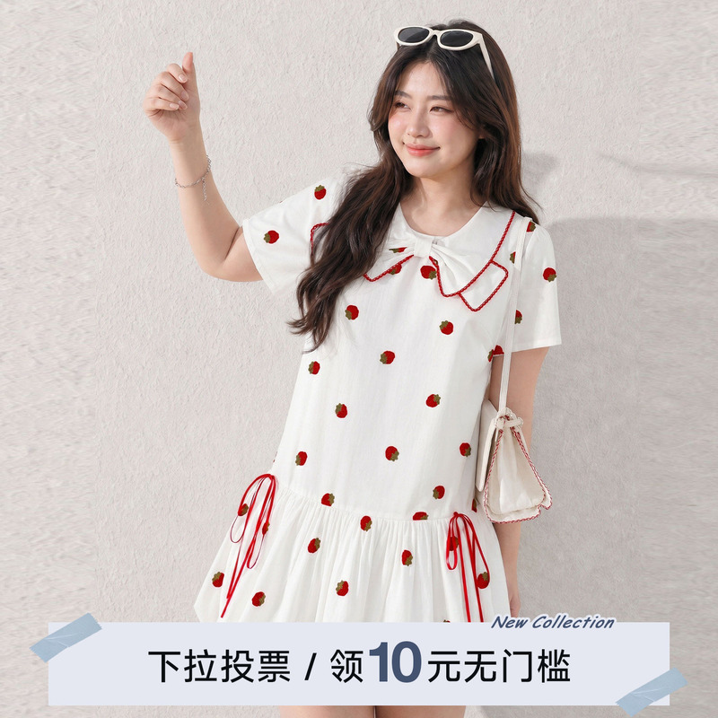 Yuzi Caviar Sweet Bow Strawberry Dress Printed Doll Collar Short Sleeve Slimming Age-Reducing Dress Plus Size Women's Clothing