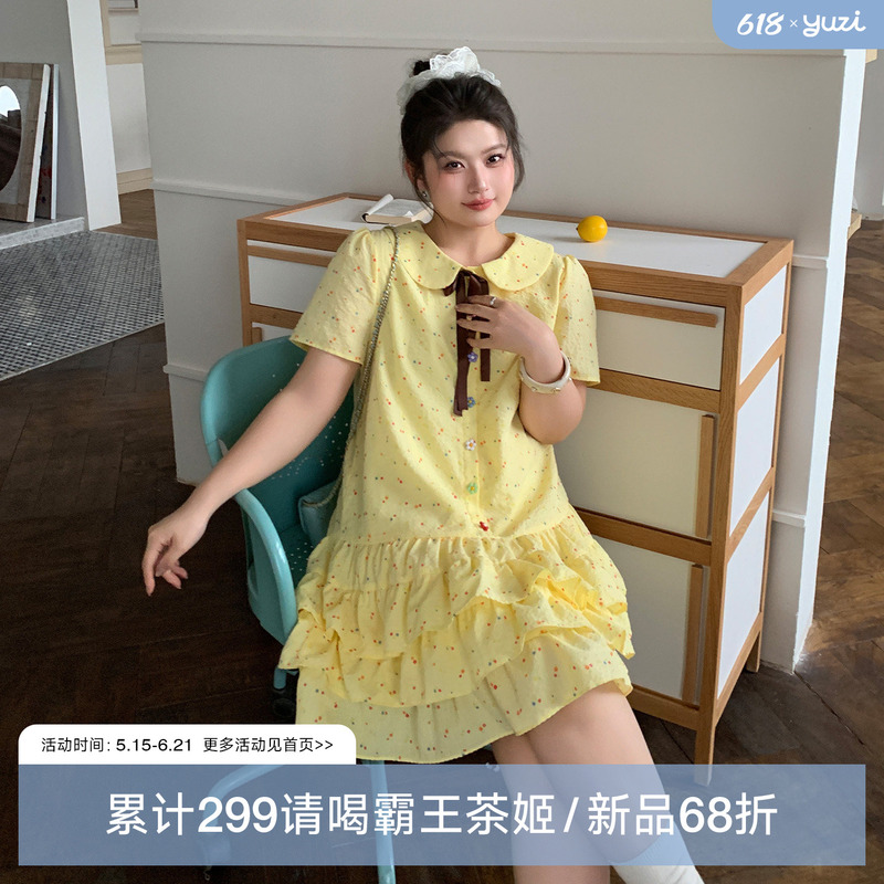 Yuzi Caviar Floral Cake Dress Doll Collar Short-Sleeved Yellow Mid-Length Sweet Age-Reducing Plus Size Women's Clothing Yuzi Caviar Floral Cake Dress Doll Collar Short-Sleeved Yellow Mid-Length Sweet Age-Reducing Plus Size Women's Clothing