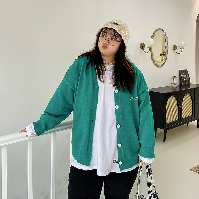 YUZI Caviar's spring new fat mmV-neck knitted cardigan women's large size solid color thin long-sleeved sweater coat