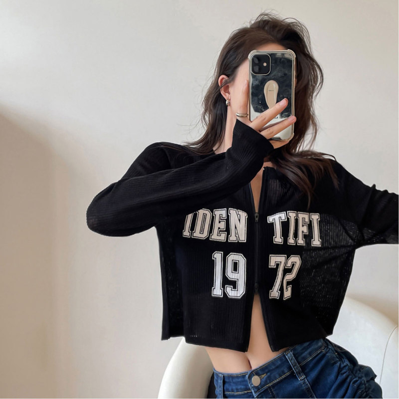 Air-Conditioning Shirt, Thin Summer Loose Short Long-Sleeved Sun Protection Blouse, Ice Silk Letter Knitted Cardigan Jacket for Women