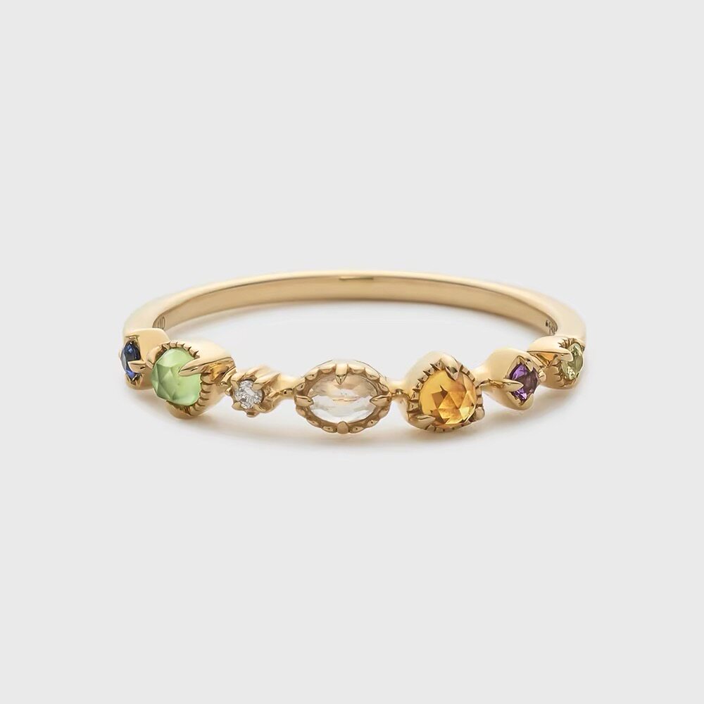 Seven colorful gemstones 925 silver gold-plated ring