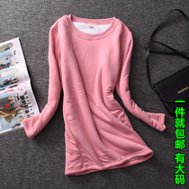20 autumn and winter velvet sweater plus velvet base shirt Medium long T-shirt thickened large size womens cotton slim round neck warm clothing