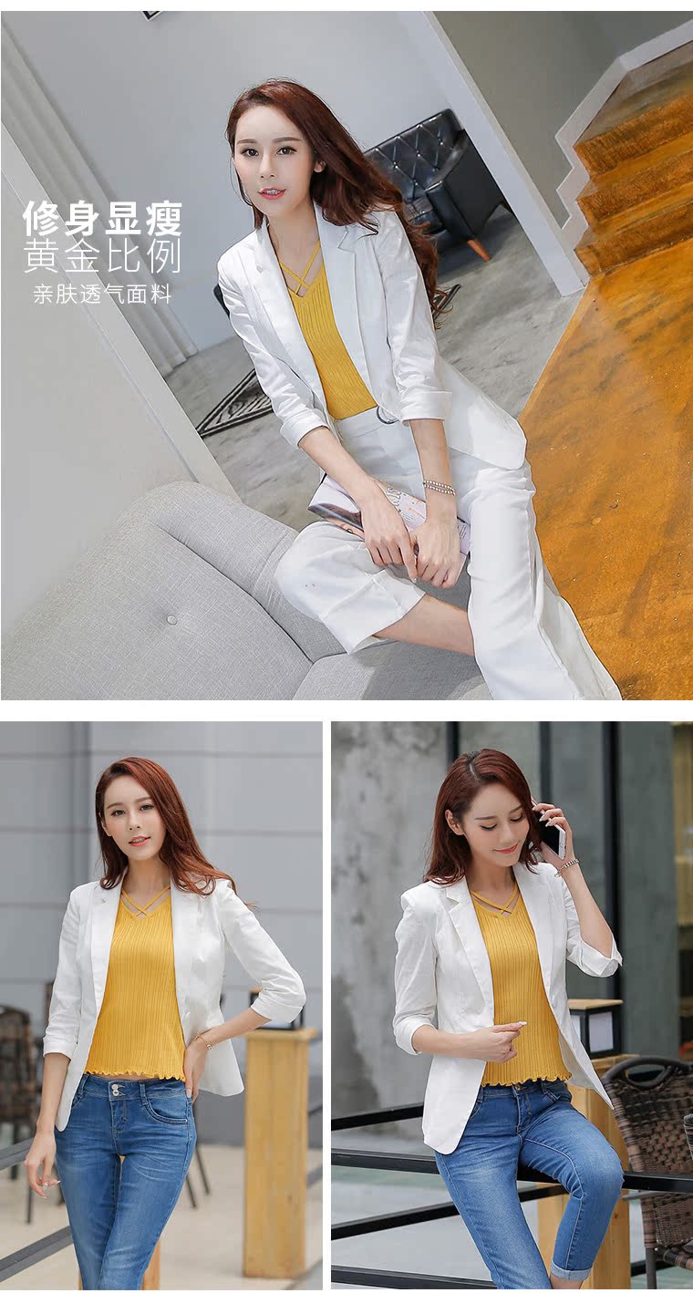 Áo khoác nữ nhỏ phù hợp Phiên bản Hàn Quốc mới của áo sơ mi nữ bảy điểm tay áo giản dị cotton ngắn và blazer vải lanh các kiểu áo sơ mi họa nữ đẹp