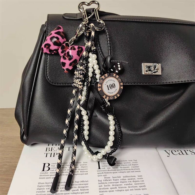 Sweet and Cool Style Rose Pink Leopard Print Keychain with Bow Pendant, Chip Pearl Chain, Braided Rope Phone Bag Charm