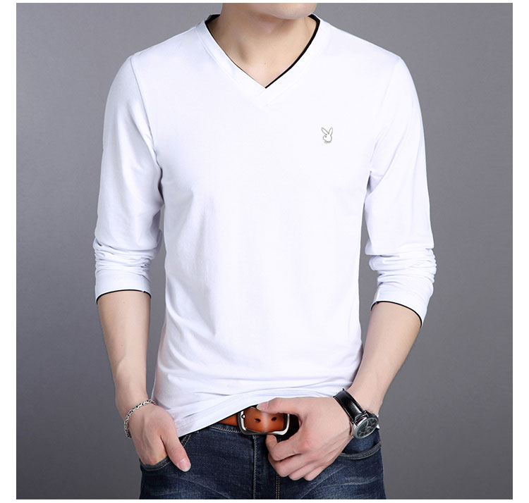 Playboy thu đông nam thanh niên áo thun dài tay cotton cổ chữ V nam cộng với áo nhung dày chạm đáy triều ao thun nam
