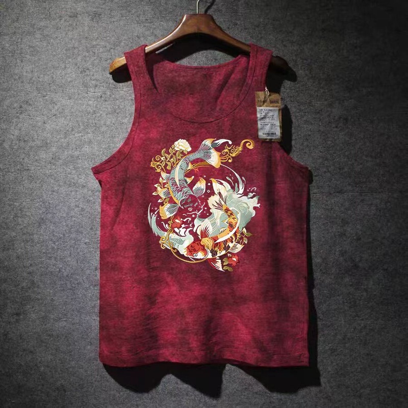 Surplus Foreign Trade Stock 100% Pure Cotton National Trend Retro Tie-Dye Printed Tank Top for Men, Summer Loose Fit Trendy Brand