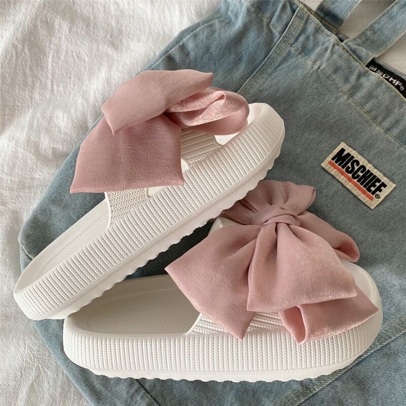 Bow-Knot Slippers for Women, Summer Outdoor Wear, Thick-Soled Fairy Style Cute Sandals, Internet Celebrity Sweet Beach Shoes ins Trend