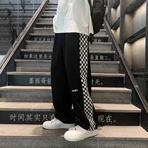 Black and white grid stitching pants mens autumn Korean version of the trend loose handsome versatile drop wide legs drag the floor casual trousers