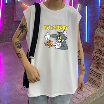 ins Retro summer cartoon waistless sleeveless t-shirt Korean version of the couple loose crew neck Hong Kong wind clothes men and women tide