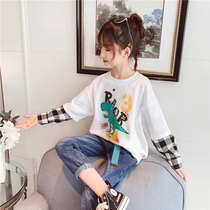 Girls  long-sleeved T-shirt 2021 spring new middle and large childrens Western style top girls spring and autumn loose childrens bottoming shirt