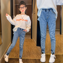 Girls  jeans spring and autumn 2021 new Korean version of the big childrens spring trousers 12 childrens western pants 15-year-old tide