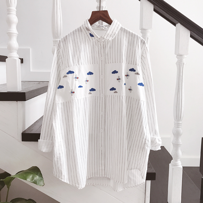Mùa xuân phụ nữ sọc mới mô hình nối hoạt hình thêu lỏng kích thước lớn cotton dài tay áo sơ mi nữ áo sơ mi đen nữ