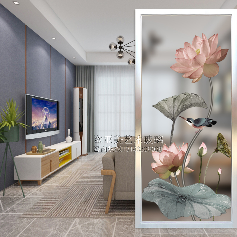 New Chinese minimalist Painted Art Glass Living-room Light Transmission Screen Frosted Partition XUANGUAN Custom Tempered Lotus Flower Fish