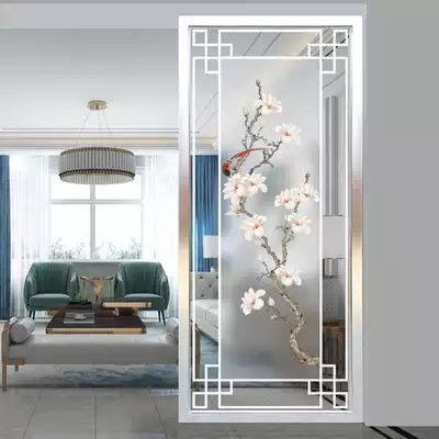 New Chinese modern simple entry sliding door shoe cabinet art glass entrance screen partition magnolia bird