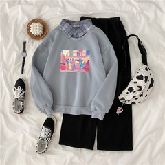 Real shot ~ new autumn and winter holiday two piece loose Polo doll collar color matching thickened Plush sweater set