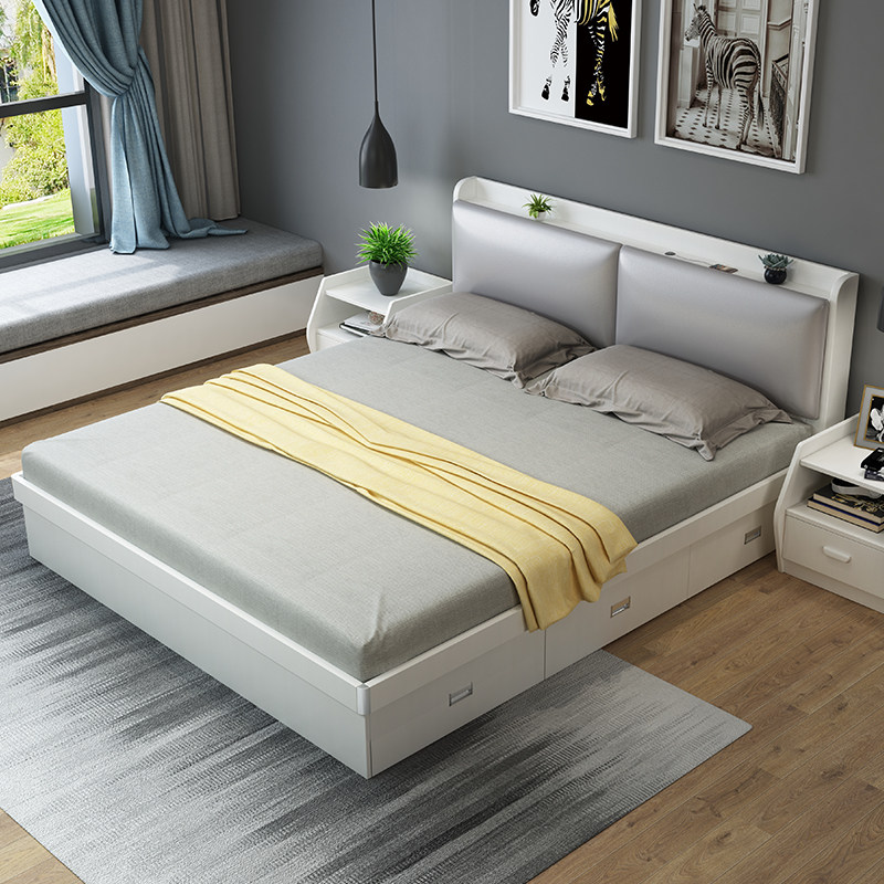 Modern minimalist economic panel double bed 1 8 m bedroom 1 5 m small apartment soft high Box storage bed