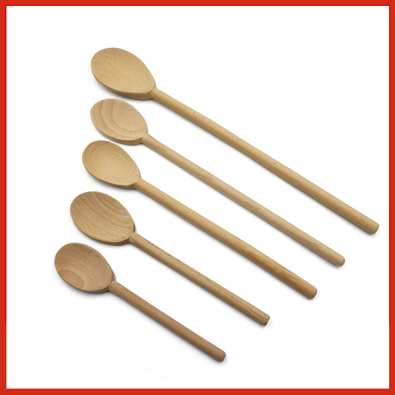Fan-style stirring wood spoon imported beech wood cuisine without lacquer baked and cooked long pan spoon handmade oval spoon lengthened 40cm