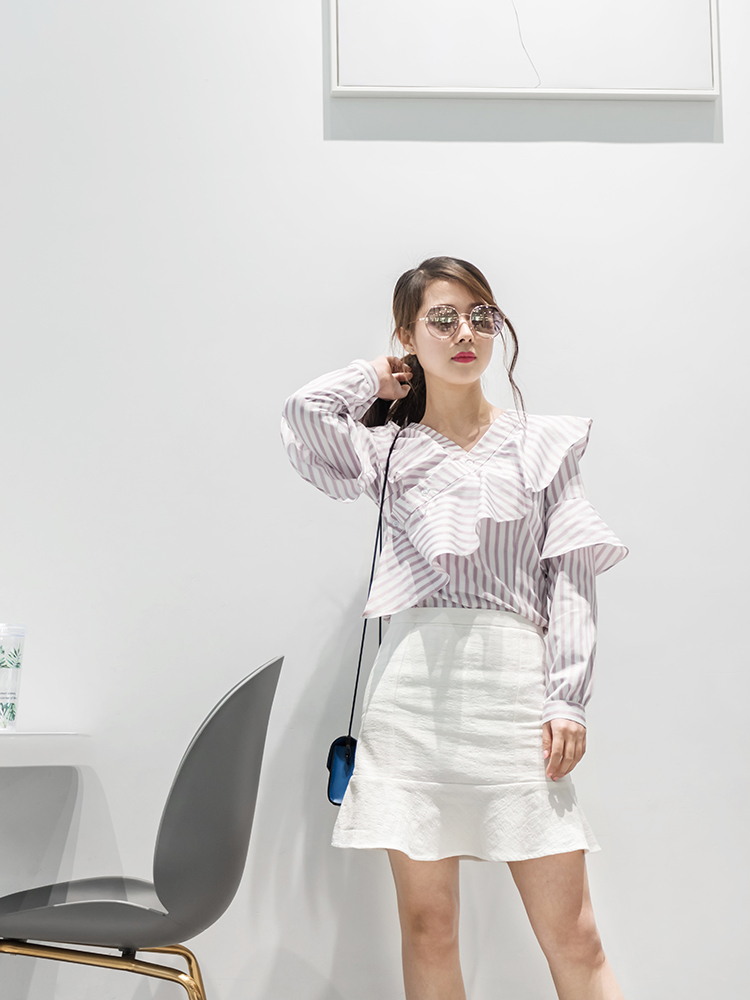 Xia Sha homemade chic cotton striped shirt long-sleeved Korean version of the top ruffle shirt 150XS small size women