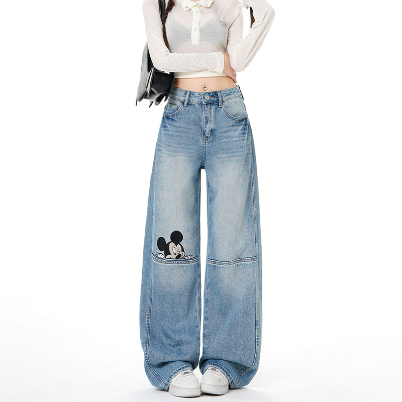 Michael Keble Blue Faded Curved Hem Jeans for Women 2026 New Cartoon Style Hip-Covering Wide-Leg Pants