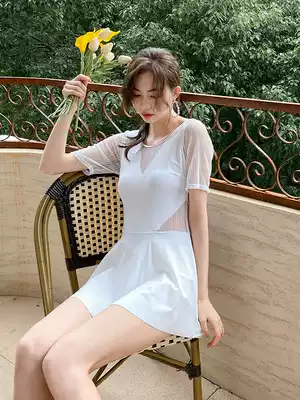 Bathing in a hot spring one-piece skirt swimsuit female conservative thin belly cover net red student small chest gathered swimsuit fairy fan