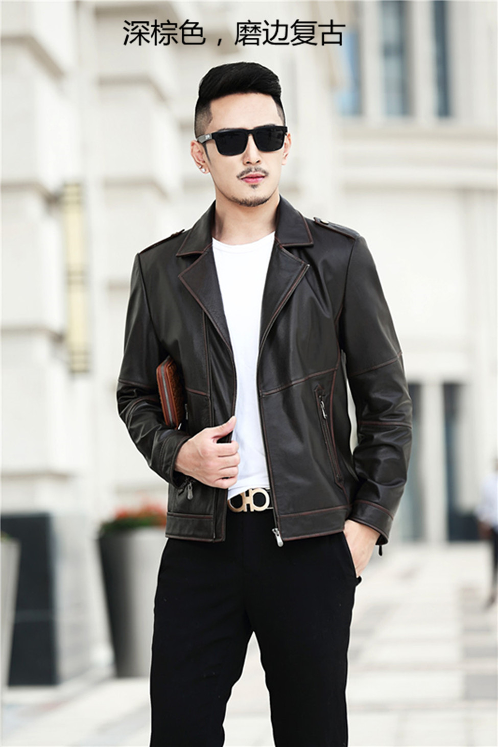 Hained leather leather new top layer leather nam mùa thu áo khoác trẻ trung đoạn ngắn Quần áo đẹp trai đi xe máy - Quần áo lông thú áo jacket nam