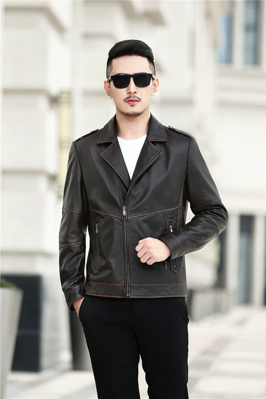 Hained leather leather new top layer leather nam mùa thu áo khoác trẻ trung đoạn ngắn Quần áo đẹp trai đi xe máy - Quần áo lông thú áo khoác da nam