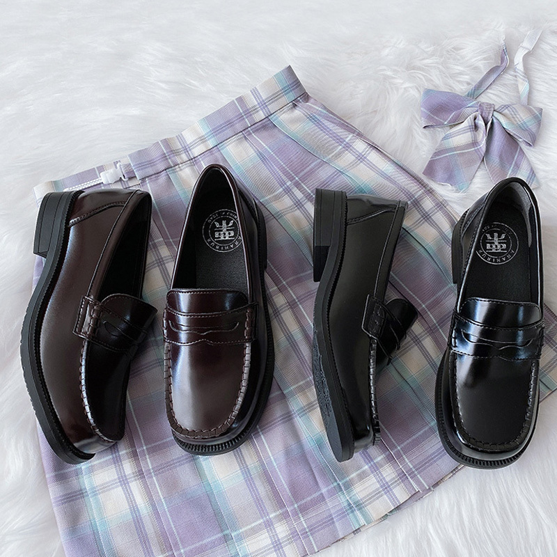 Ryukura Bear Small Square Bear Mid-Heel Uniform Shoes Square-Toe Loafers Women's Low-Heel Bear Claw Small Leather Shoes Jk2080