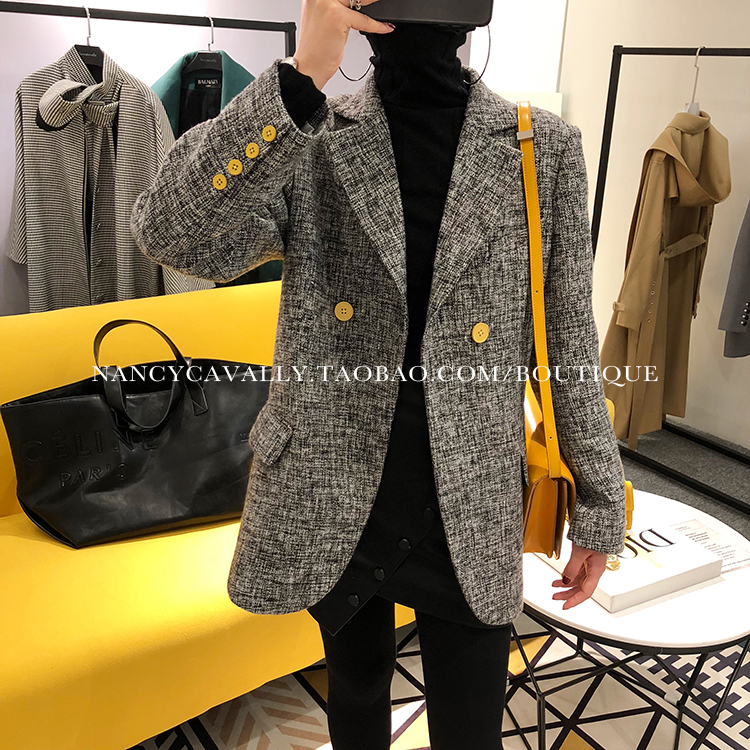 2018 mới nữ chic chic retro đầu mùa thu len phù hợp với áo khoác ins hoang dã giản dị phù hợp với mỏng áo vest nữ dáng dài