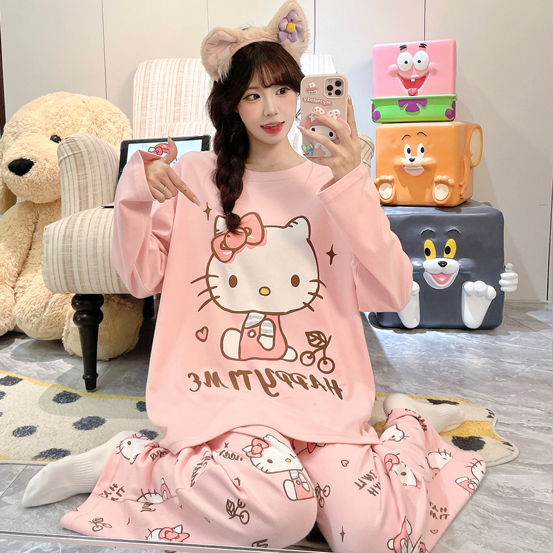 Spring and Autumn Pure Cotton Pajamas for Women, Long-Sleeved Cartoon Cute Kitten Loose Large Size Home Clothes for Girls, Older Children, and Teenagers Spring and Autumn Pure Cotton Pajamas for Women, Long-Sleeved Cartoon Cute Kitten Loose Large Size Home Clothes for Girls, Older Children, and Teenagers