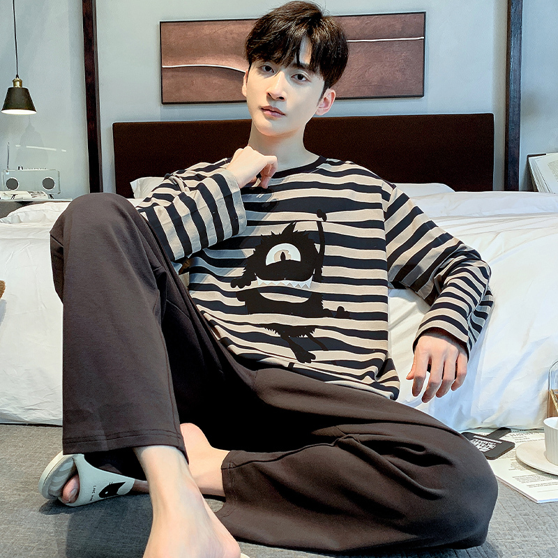 Men's Pajamas Pure Cotton Long-Sleeved New Spring and Autumn Striped Student Cartoon Youth Home Wear Set Men's Pajamas Pure Cotton Long-Sleeved New Spring and Autumn Striped Student Cartoon Youth Home Wear Set