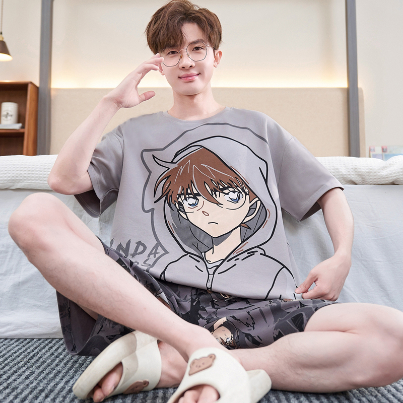 Men's Pure Cotton Short-Sleeved Pajamas, Summer Thin Shorts, Cartoon Round Neck, Loose-Fitting Home Clothes Set for Older Children and Teenagers