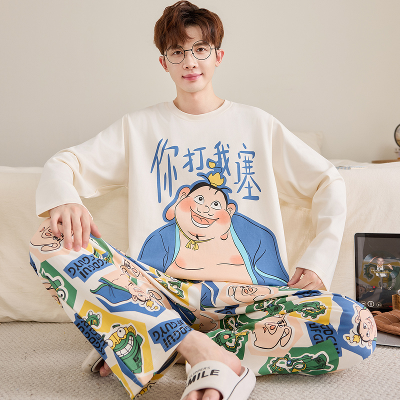 Men's Pajamas Autum Pure Cotton Long-Sleeved Teenagers Cartoon Loose Student Large Size Cotton Thin Home Wear Set Men's Pajamas Autum Pure Cotton Long-Sleeved Teenagers Cartoon Loose Student Large Size Cotton Thin Home Wear Set